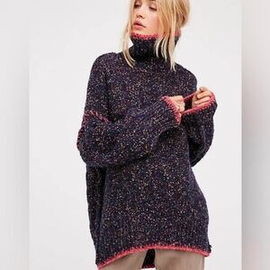 Free People Echo Navy Freckled Oversized Wool Blend Turtleneck Sweater XS